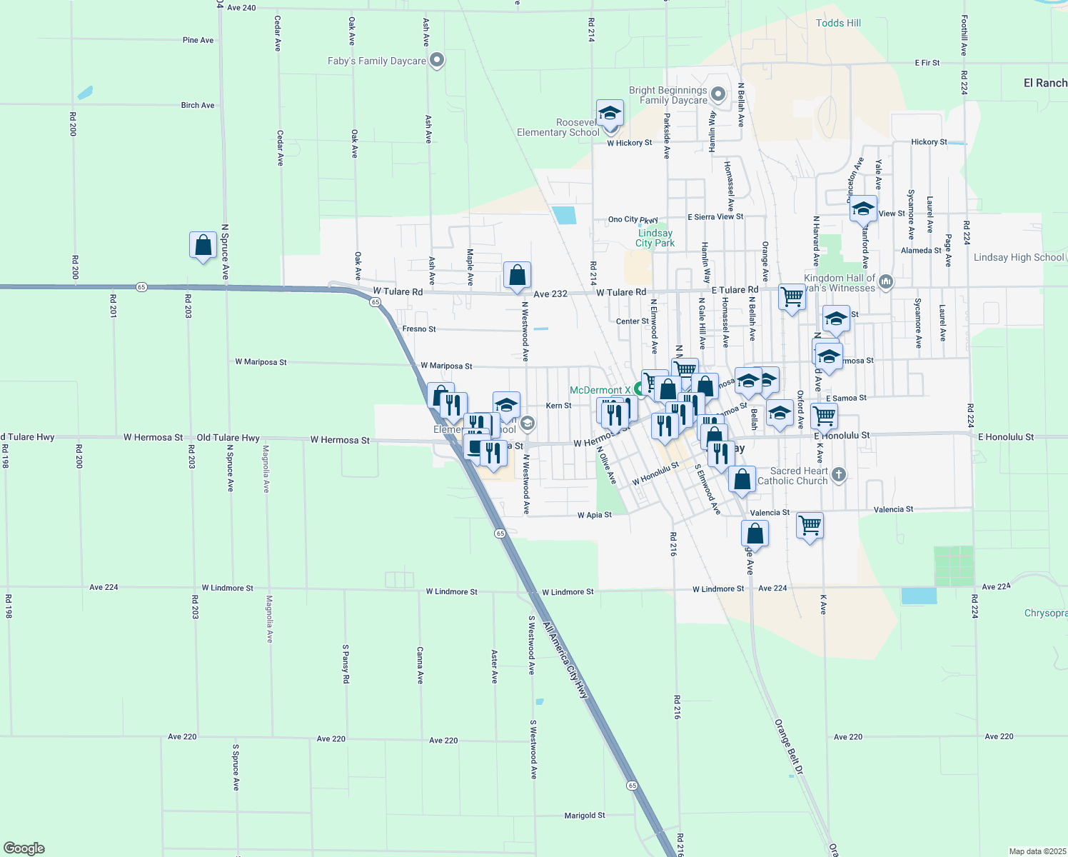 map of restaurants, bars, coffee shops, grocery stores, and more near 336 North Westwood Avenue in Lindsay