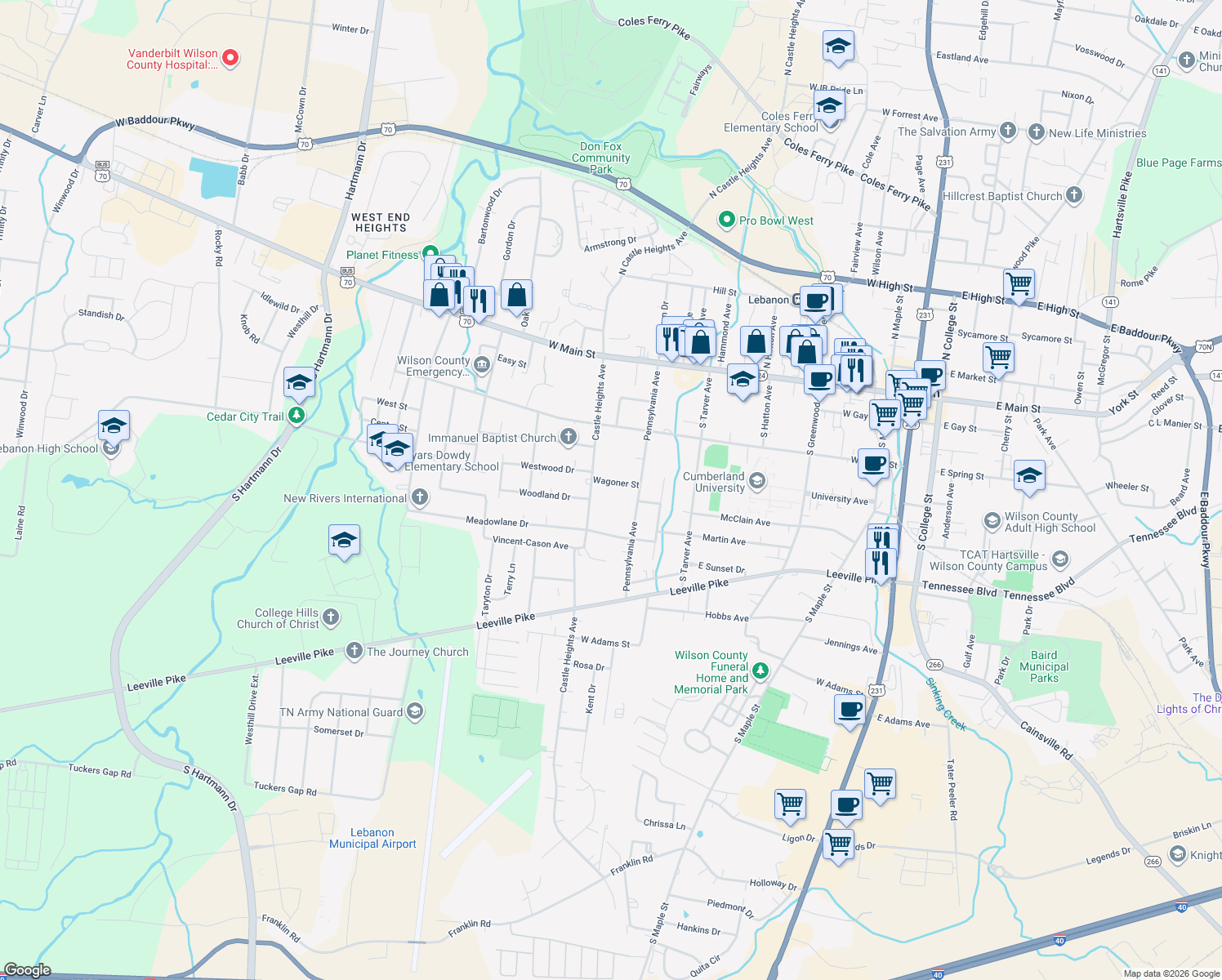 map of restaurants, bars, coffee shops, grocery stores, and more near 610 Wagoner Street in Lebanon