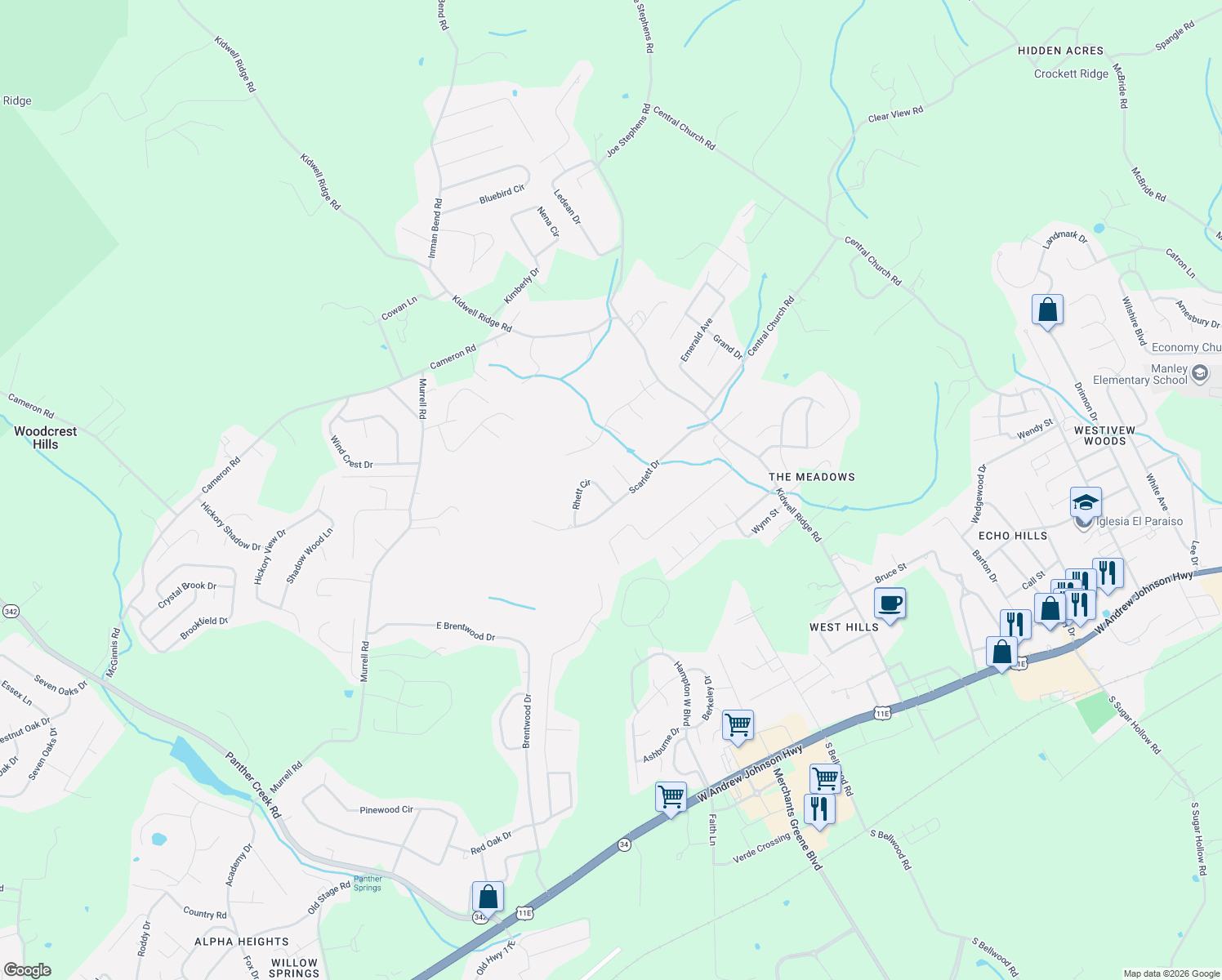 map of restaurants, bars, coffee shops, grocery stores, and more near 1010 Rhett Cir in Morristown