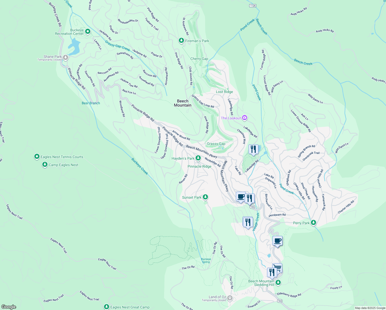 map of restaurants, bars, coffee shops, grocery stores, and more near 100 Raven Road in Beech Mountain