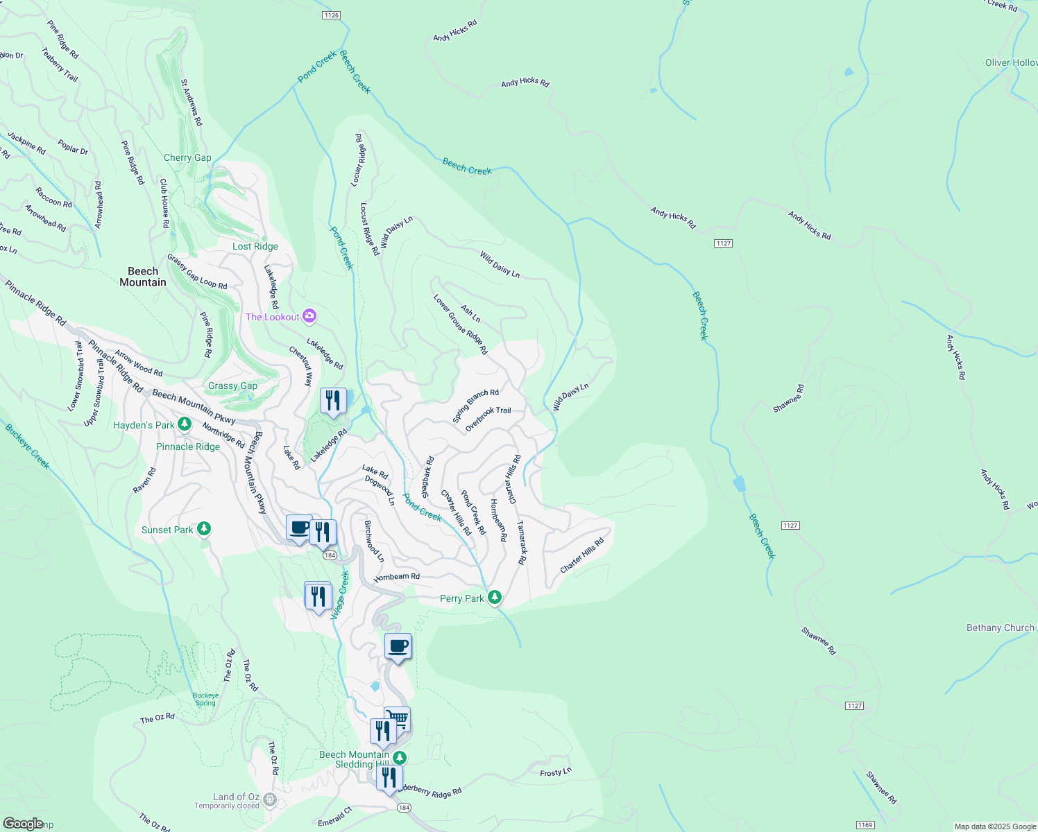 map of restaurants, bars, coffee shops, grocery stores, and more near 101 Overbrook Trail in Beech Mountain