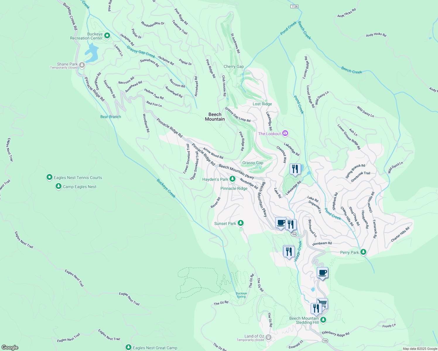 map of restaurants, bars, coffee shops, grocery stores, and more near 100 Raven Road in Beech Mountain