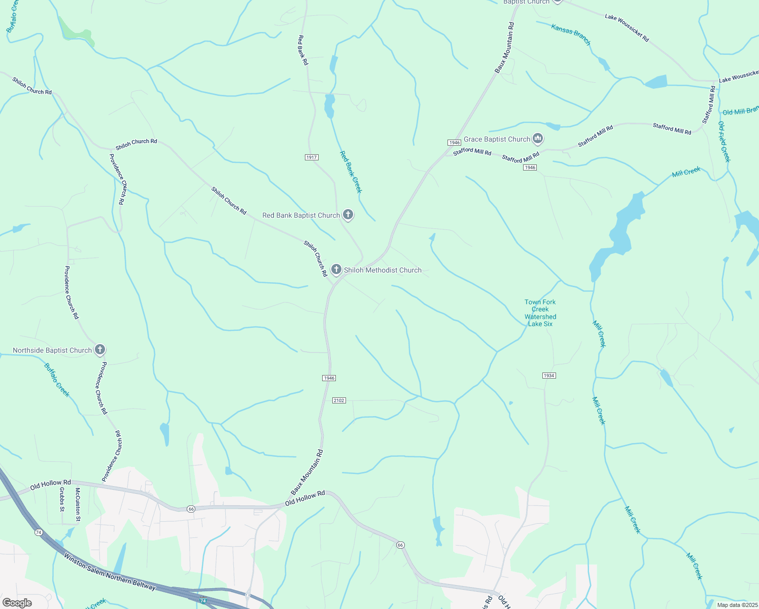 map of restaurants, bars, coffee shops, grocery stores, and more near Merlendale Lane in Winston-Salem