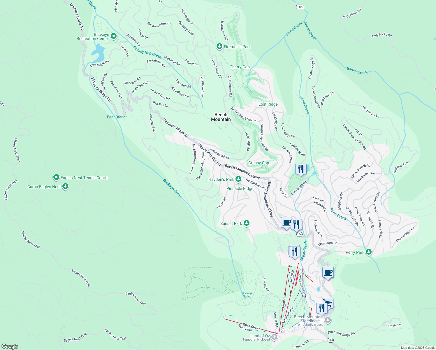 map of restaurants, bars, coffee shops, grocery stores, and more near 1406 Beech Mountain Parkway in Beech Mountain