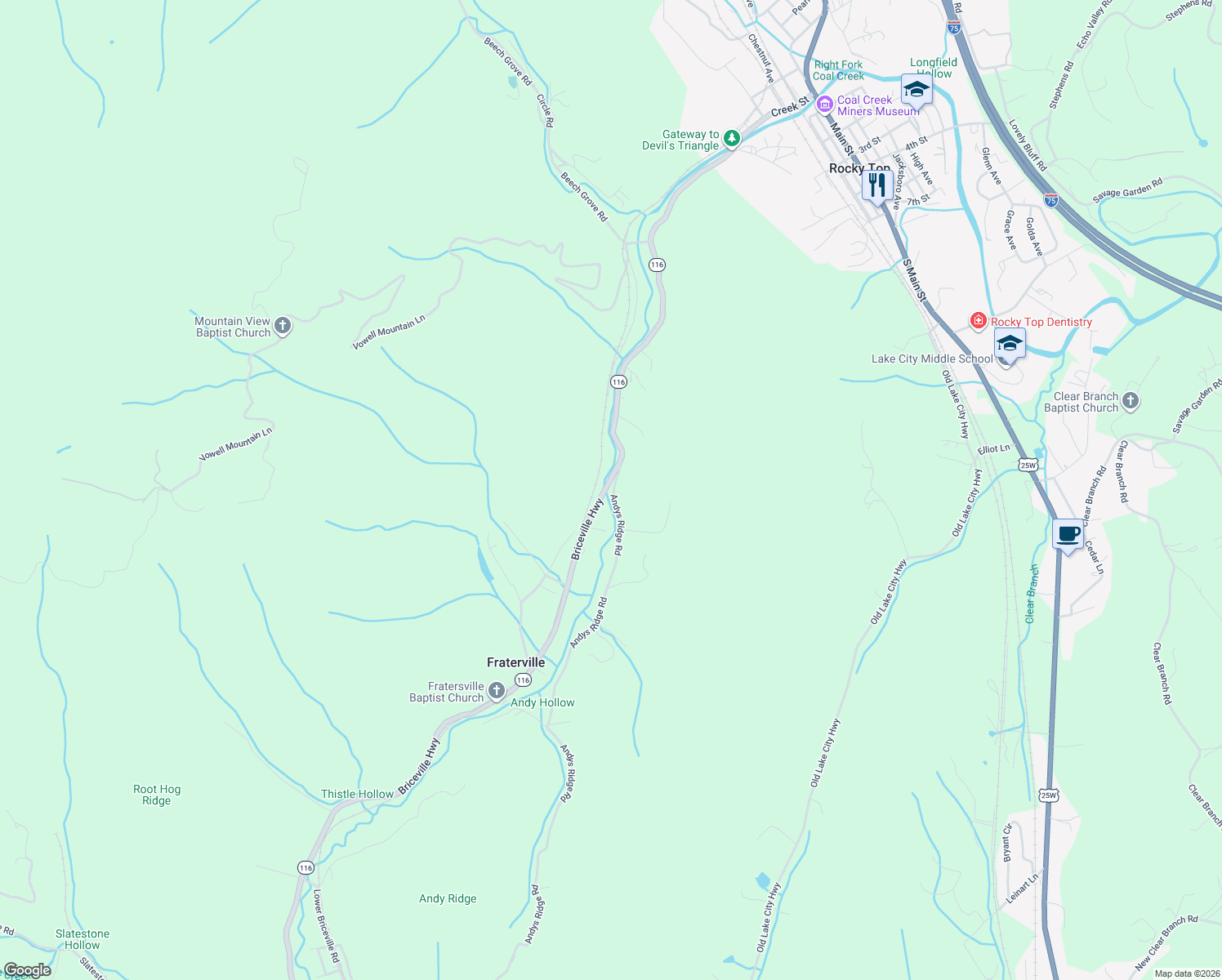 map of restaurants, bars, coffee shops, grocery stores, and more near 813 Andys Ridge Road in Rocky Top