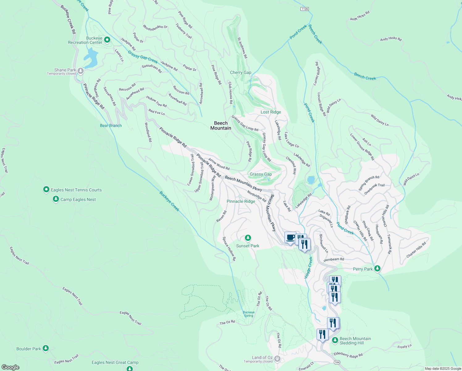 map of restaurants, bars, coffee shops, grocery stores, and more near 220 Northridge Road in Beech Mountain