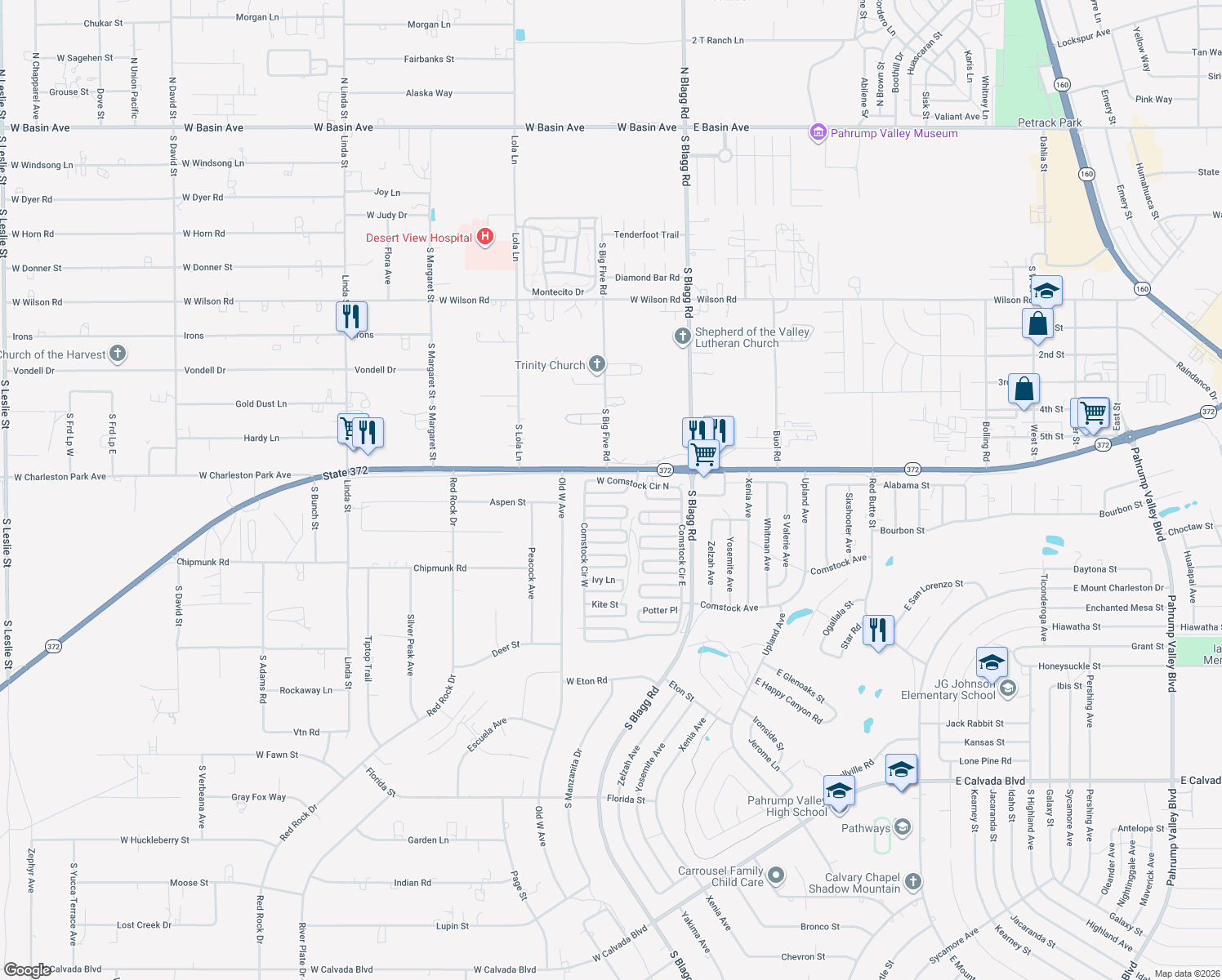 map of restaurants, bars, coffee shops, grocery stores, and more near 250 Bonnie Clair Court in Pahrump