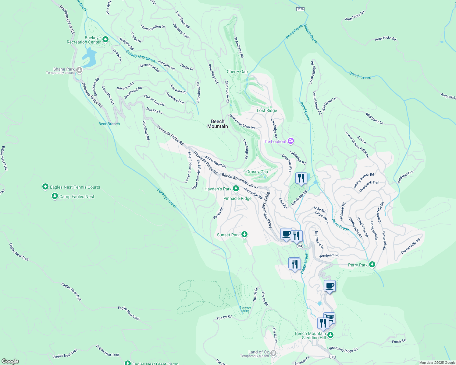 map of restaurants, bars, coffee shops, grocery stores, and more near 100 Raven Road in Beech Mountain