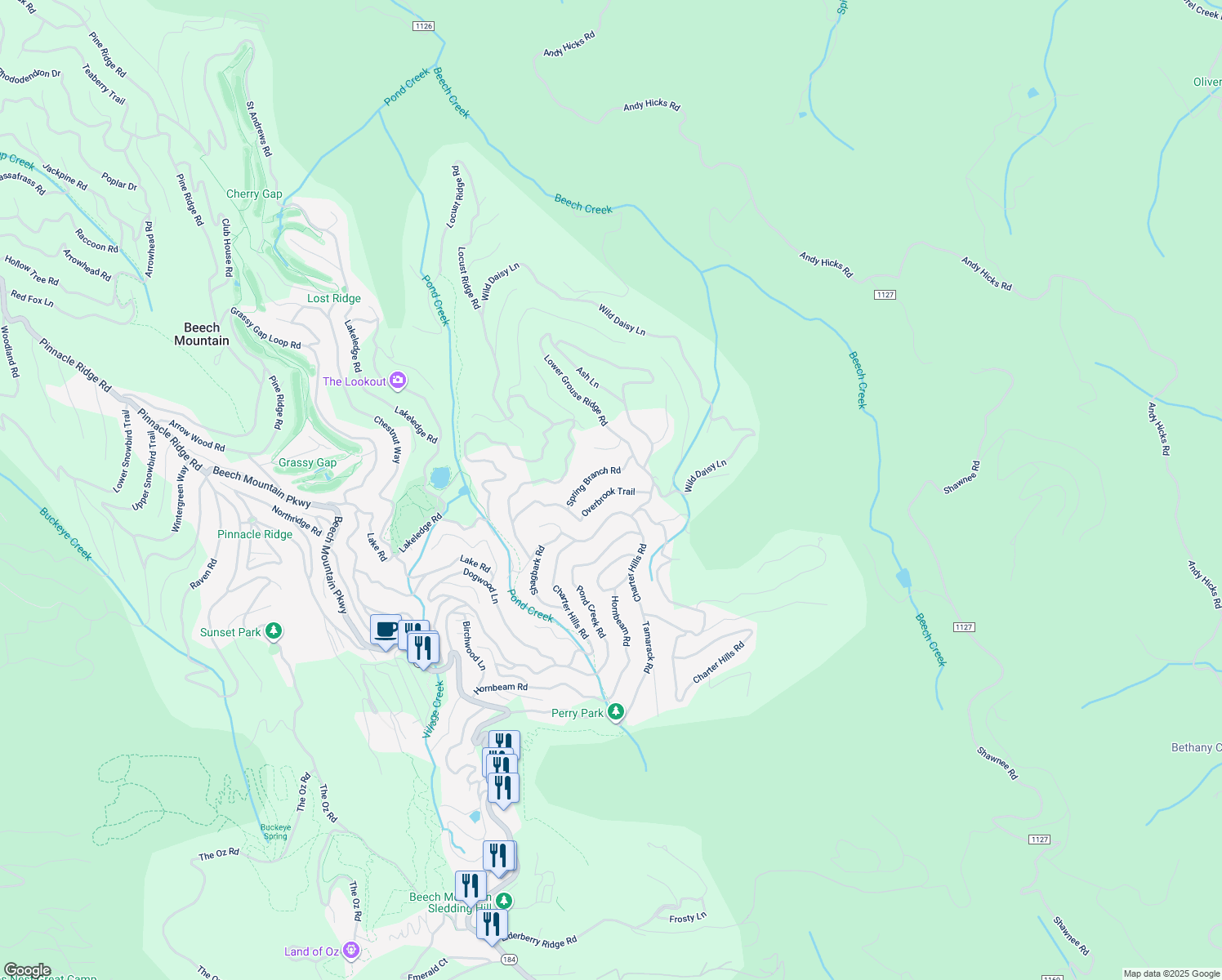 map of restaurants, bars, coffee shops, grocery stores, and more near 109 Overbrook Trail in Beech Mountain