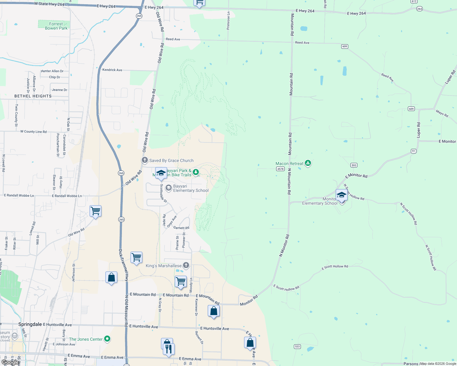 map of restaurants, bars, coffee shops, grocery stores, and more near 2101 Woodcliff Road in Springdale