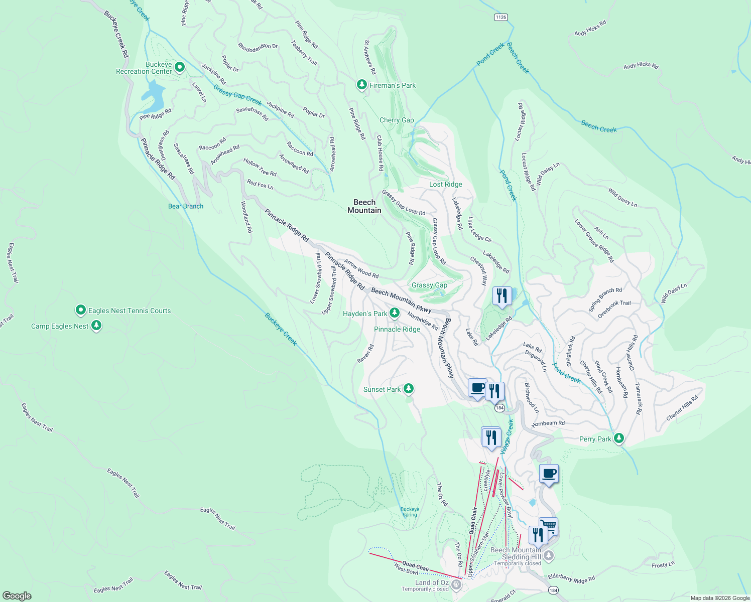 map of restaurants, bars, coffee shops, grocery stores, and more near 100 Raven Road in Beech Mountain