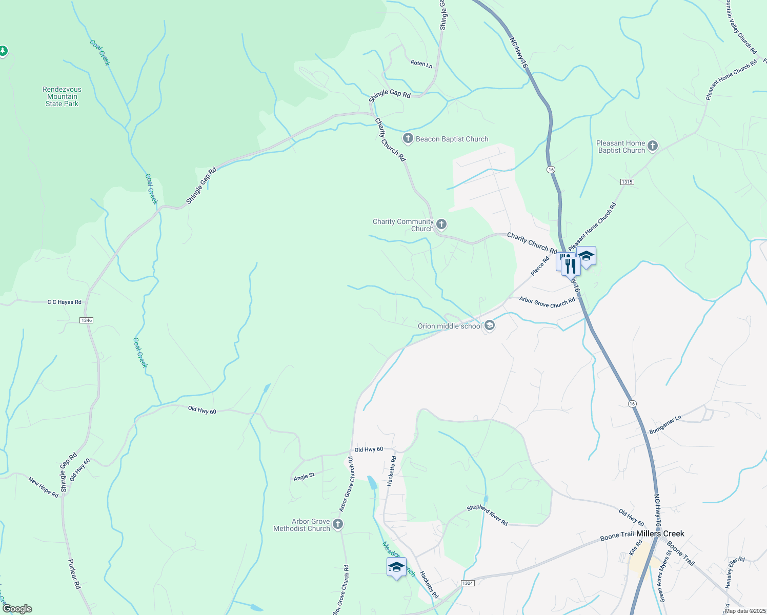 map of restaurants, bars, coffee shops, grocery stores, and more near 384 Ridgewood Lane in Millers Creek