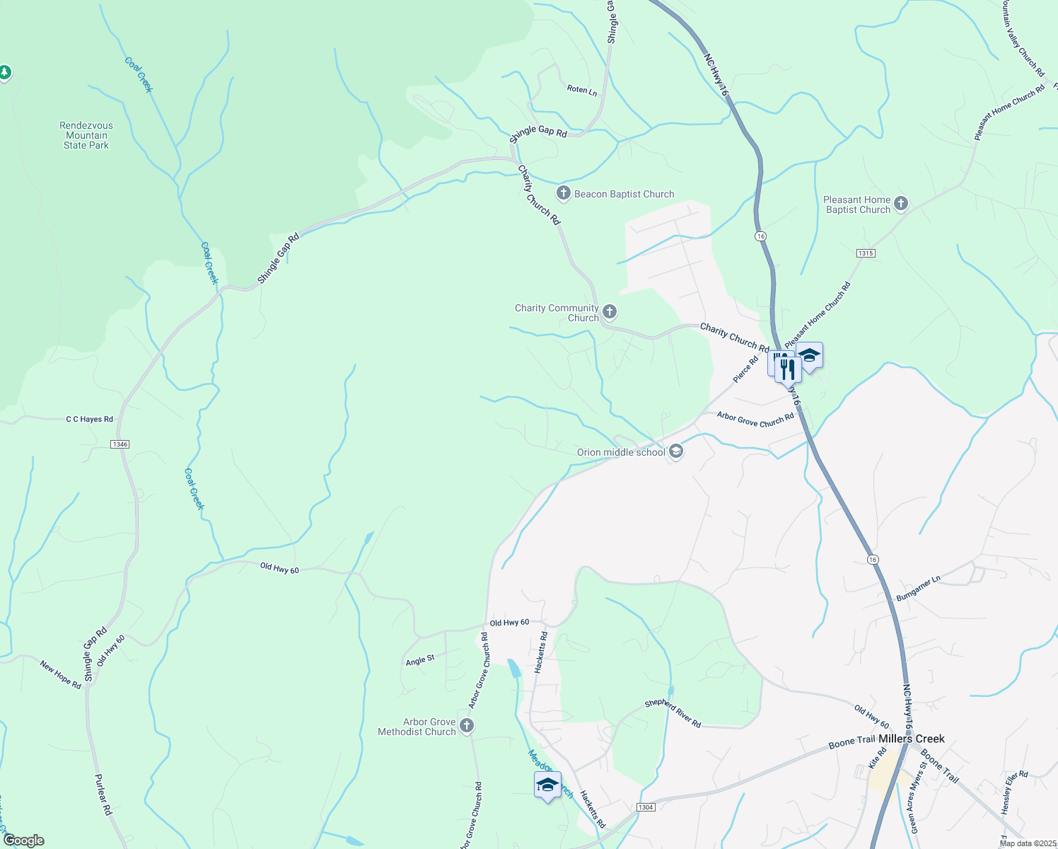 map of restaurants, bars, coffee shops, grocery stores, and more near 384 Ridgewood Lane in Millers Creek