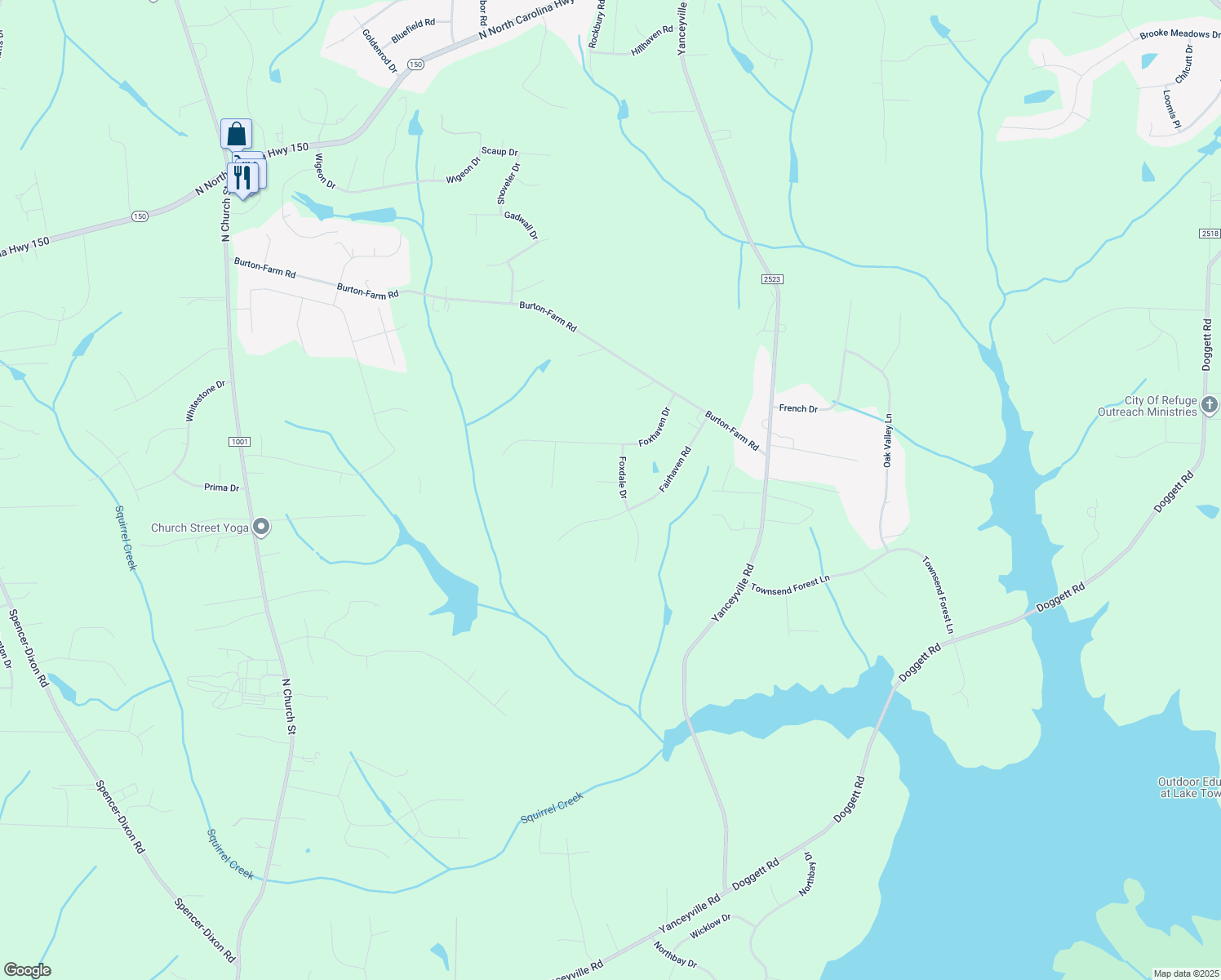 map of restaurants, bars, coffee shops, grocery stores, and more near 1104 Tally Ho Court in Greensboro