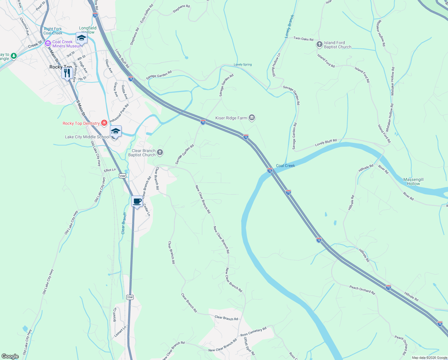 map of restaurants, bars, coffee shops, grocery stores, and more near 145 Liles Lane in Rocky Top