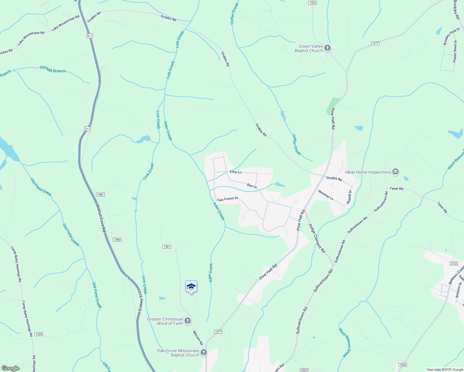 map of restaurants, bars, coffee shops, grocery stores, and more near 4450 Ben Lane in Walkertown