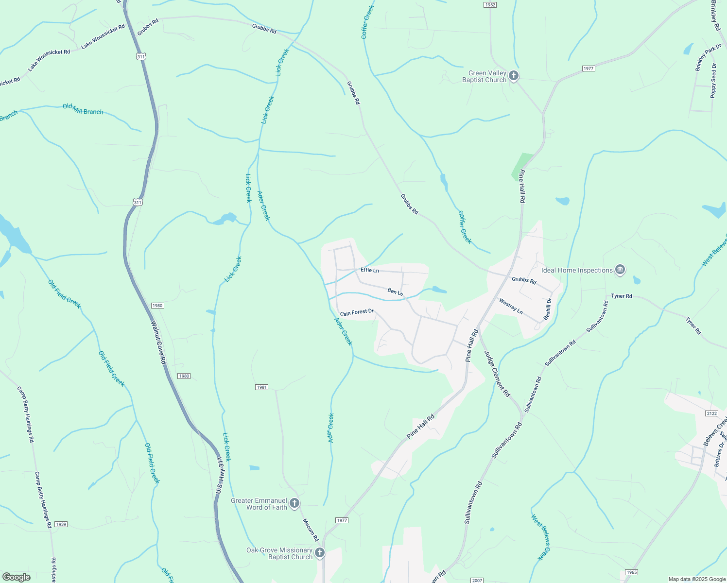 map of restaurants, bars, coffee shops, grocery stores, and more near 4450 Ben Lane in Walkertown
