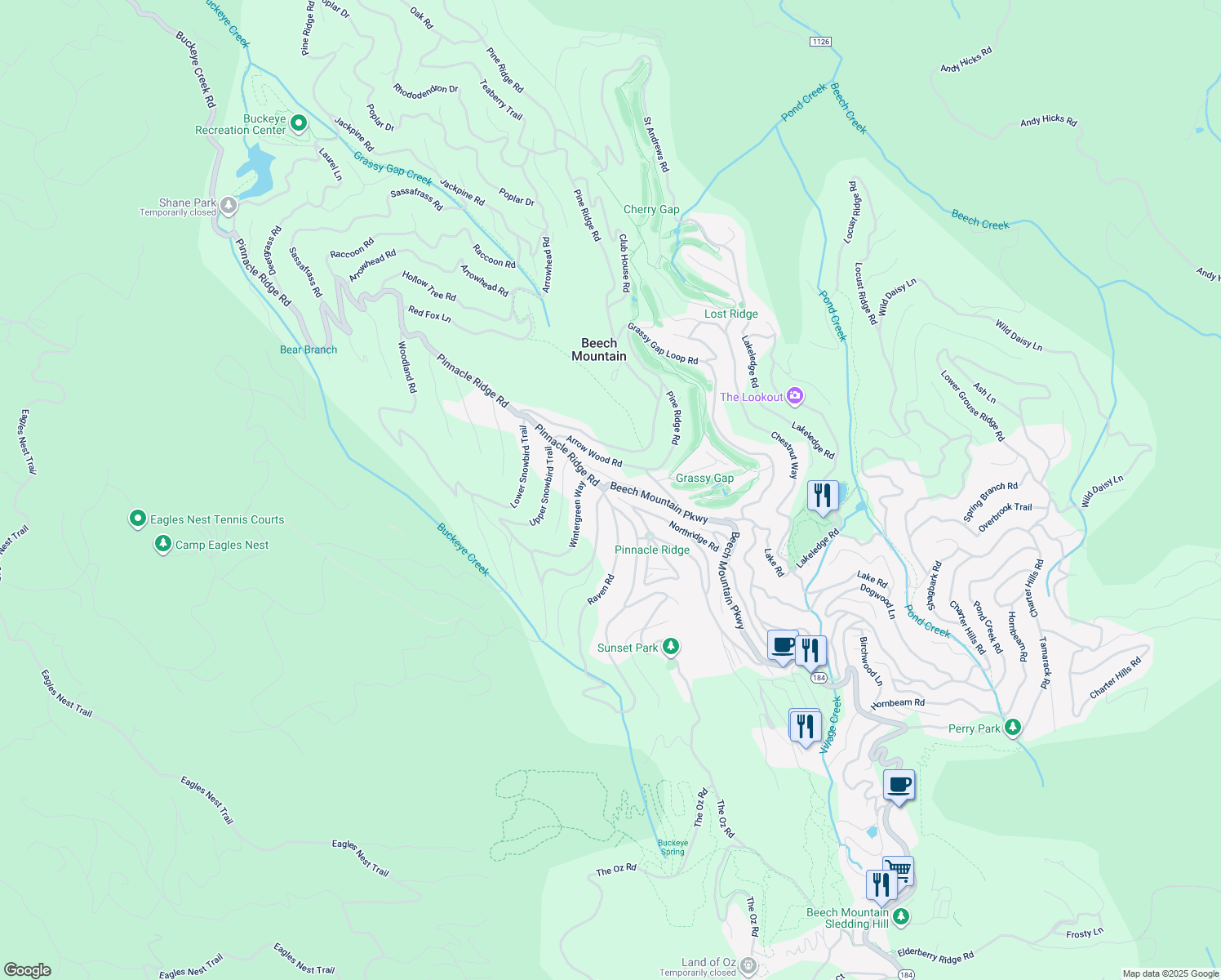 map of restaurants, bars, coffee shops, grocery stores, and more near 110 Red Oak Road in Beech Mountain