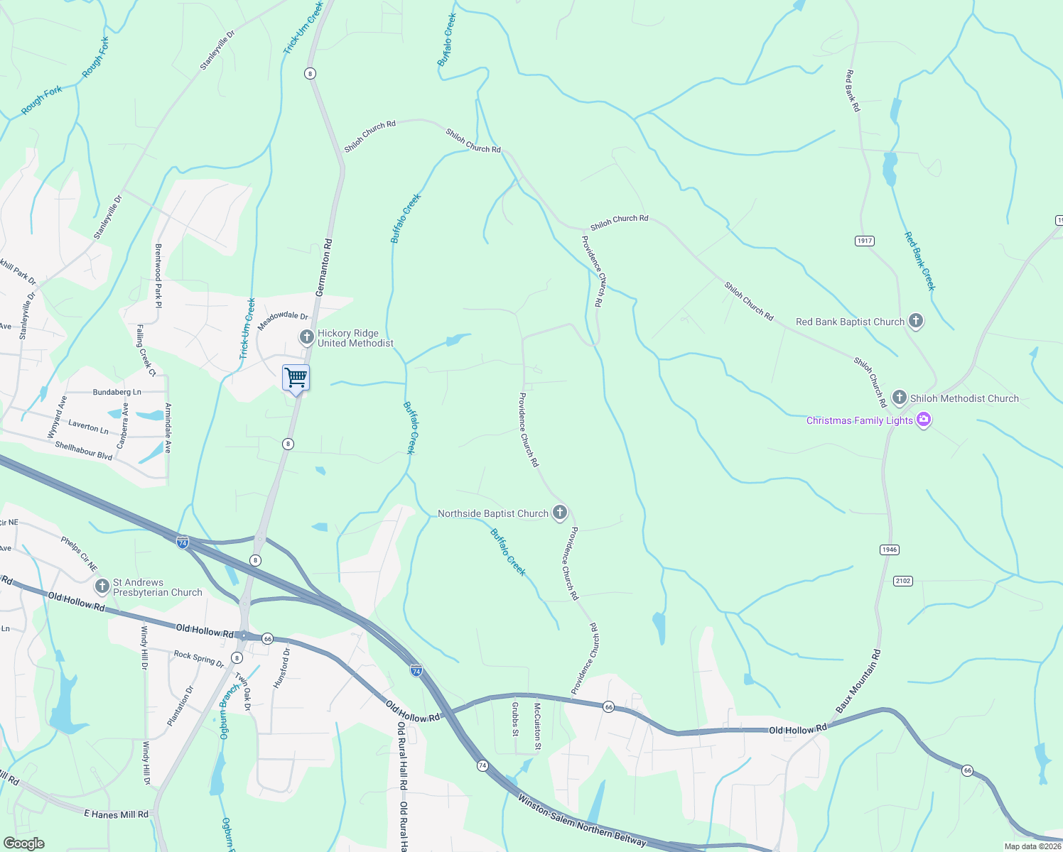 map of restaurants, bars, coffee shops, grocery stores, and more near 6107 Providence Church Road in Winston-Salem