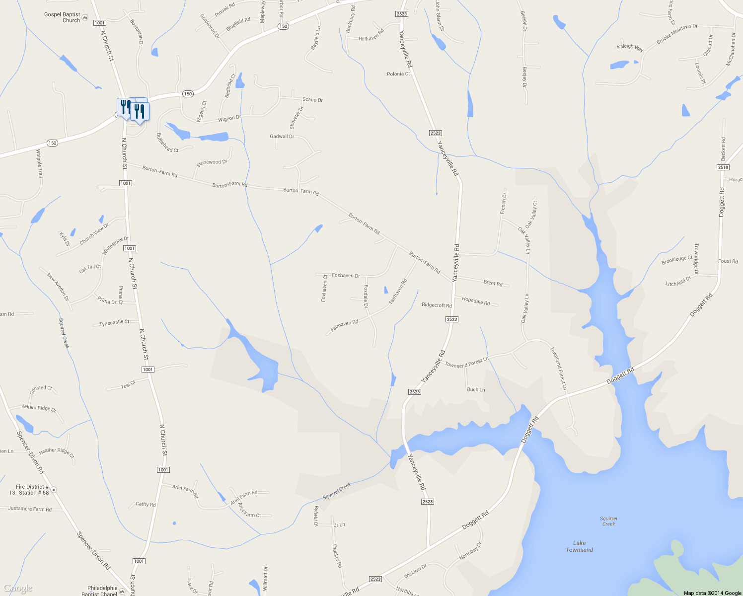 map of restaurants, bars, coffee shops, grocery stores, and more near 7704 Foxdale Drive in Greensboro