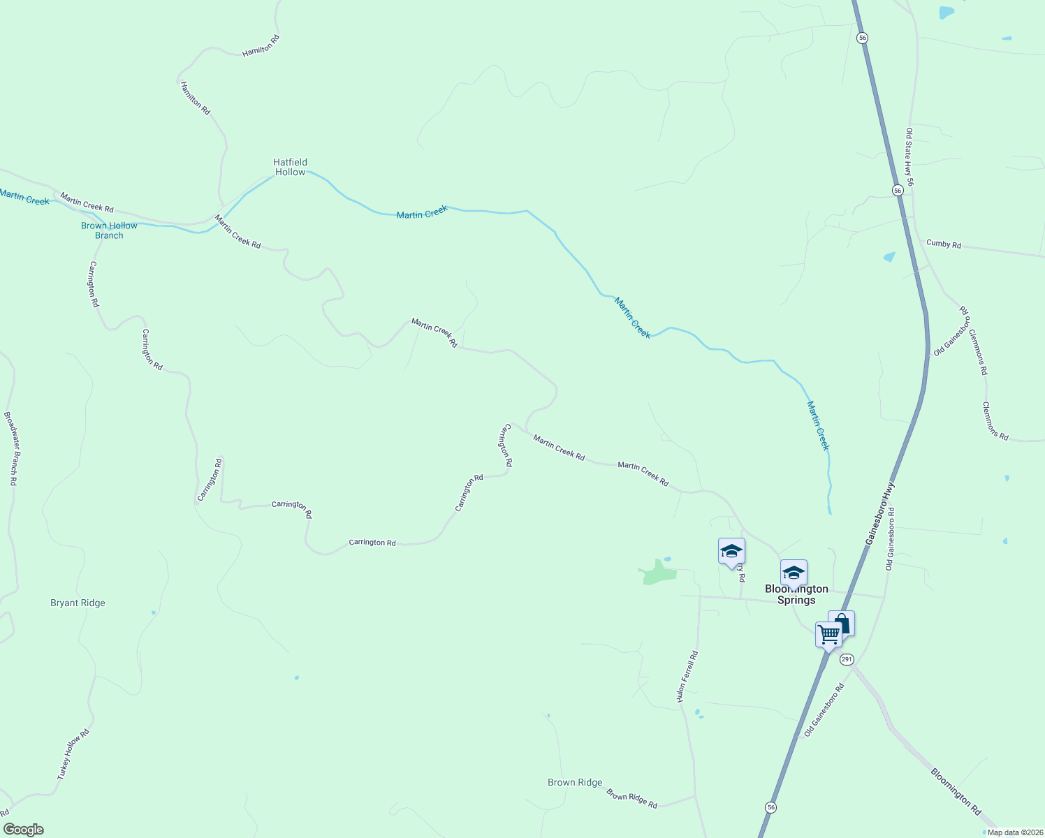map of restaurants, bars, coffee shops, grocery stores, and more near 7088 Martin Creek Road in Bloomington Springs