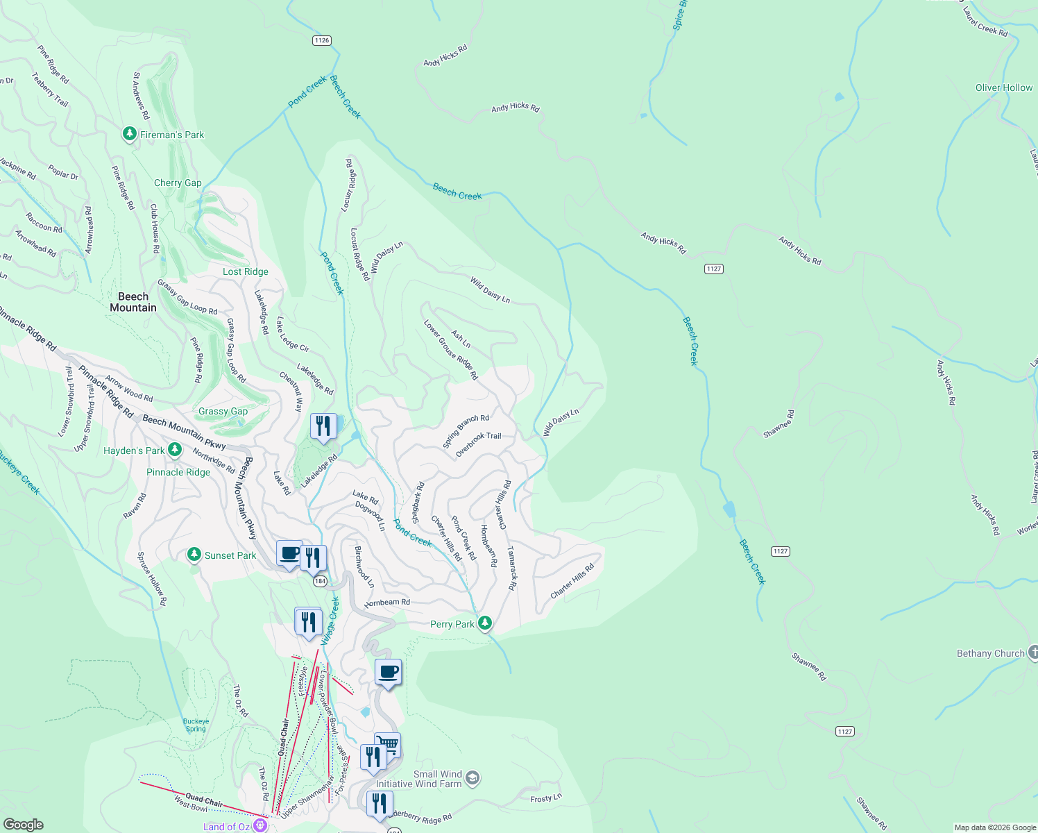 map of restaurants, bars, coffee shops, grocery stores, and more near 101 Upper Grouse Ridge Road in Beech Mountain