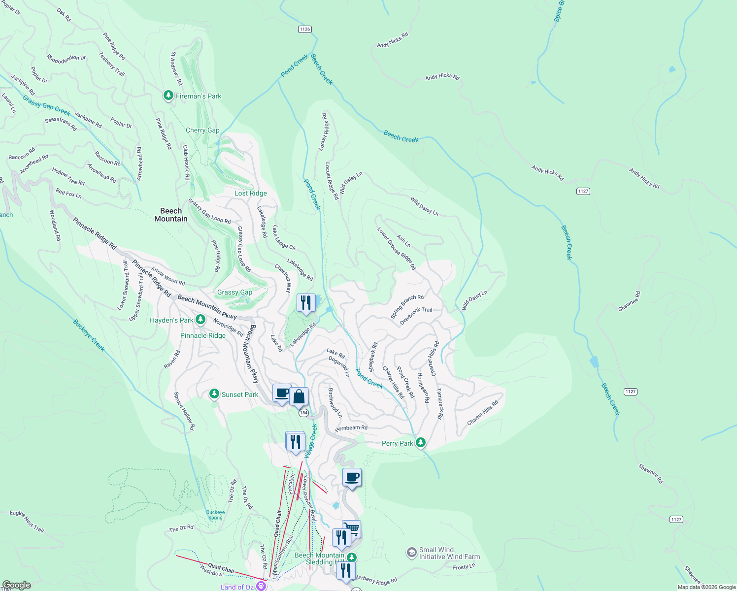 map of restaurants, bars, coffee shops, grocery stores, and more near 213 Greenbriar Road in Beech Mountain