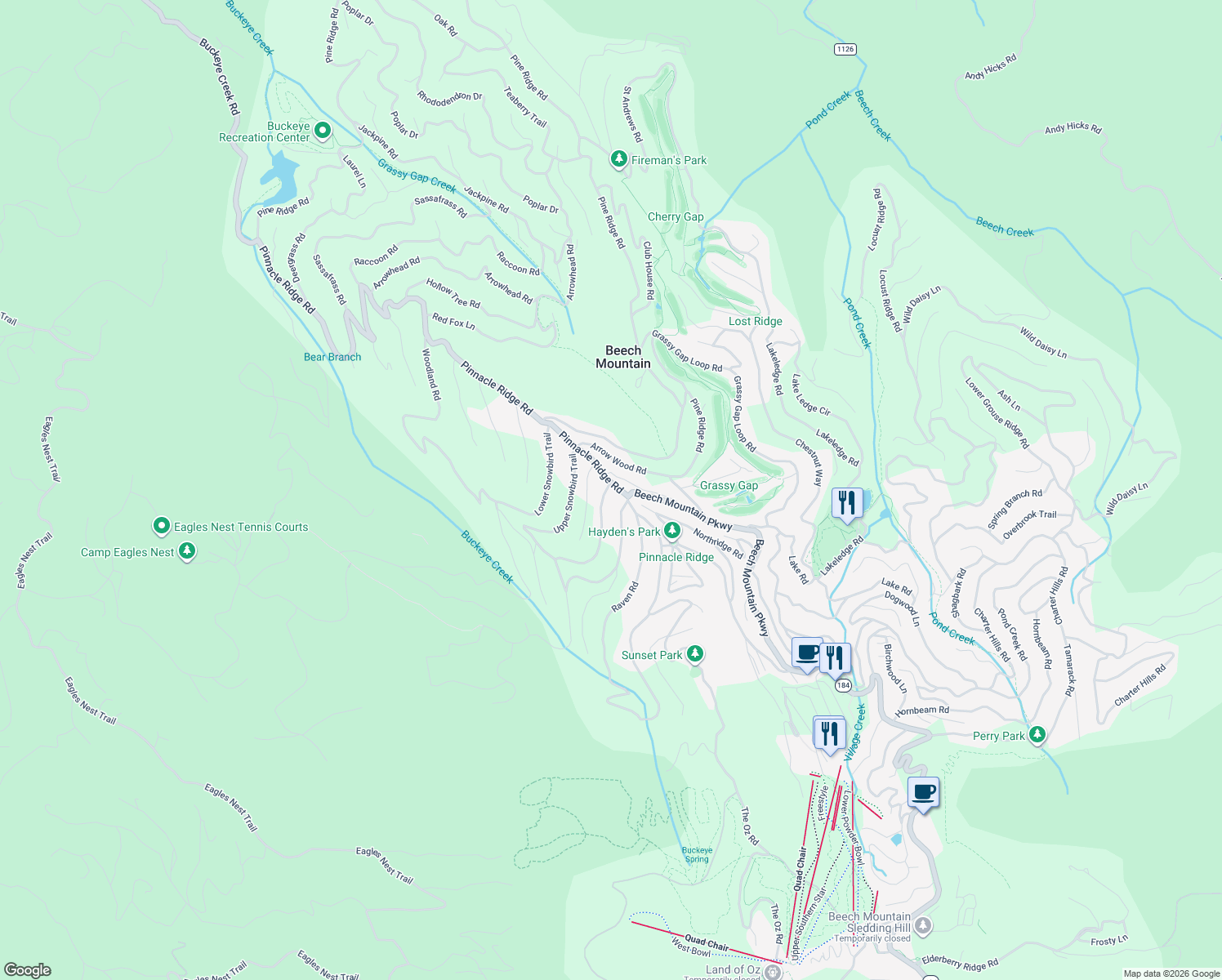 map of restaurants, bars, coffee shops, grocery stores, and more near 104 Pinnacle Ridge Road in Beech Mountain