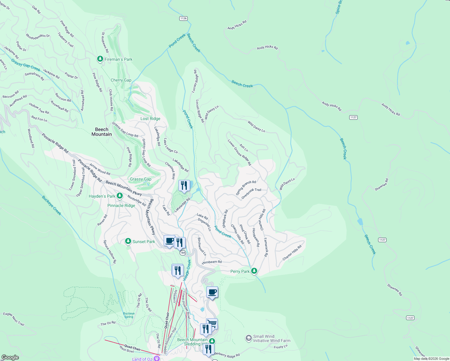 map of restaurants, bars, coffee shops, grocery stores, and more near 213 Greenbriar Road in Beech Mountain