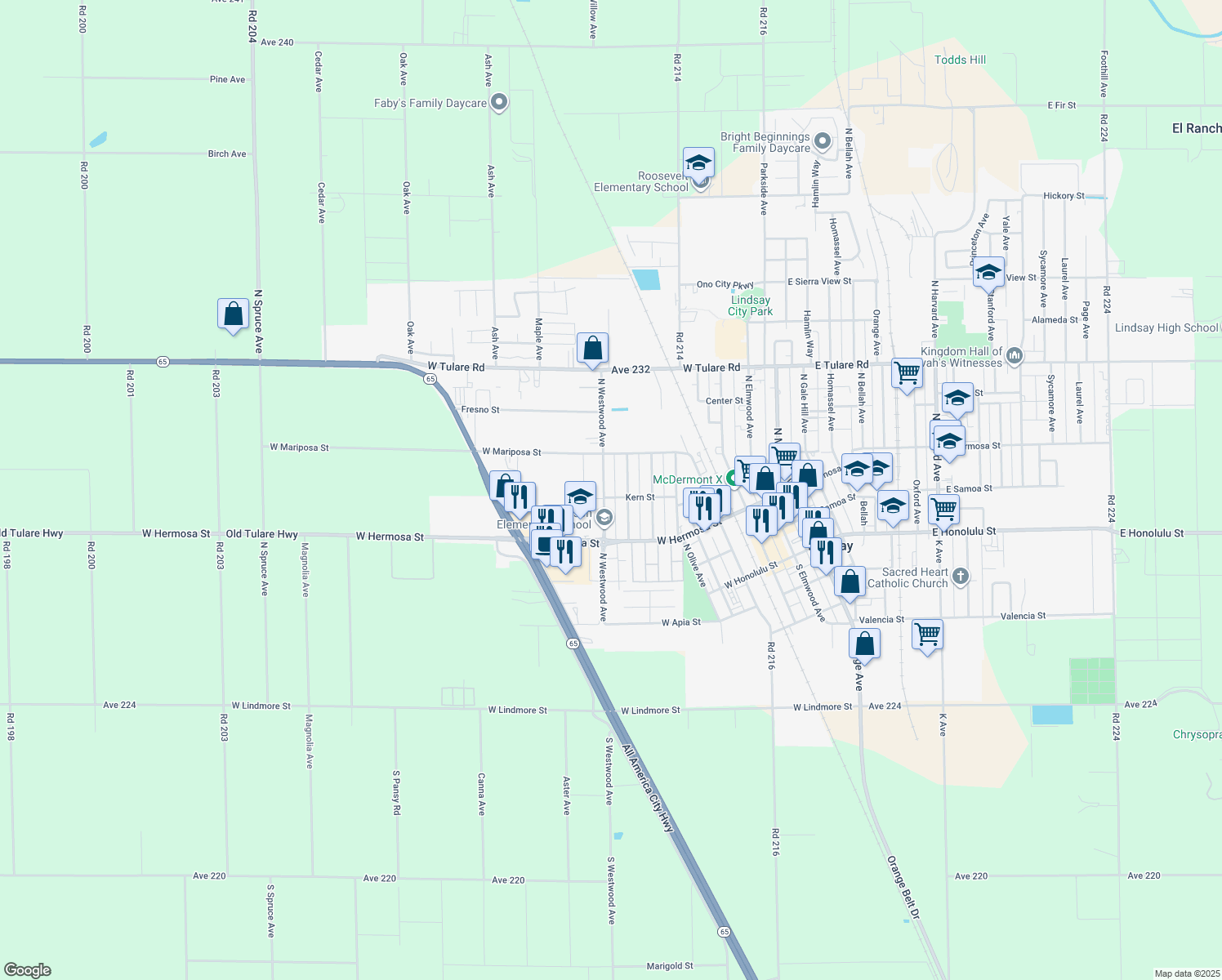 map of restaurants, bars, coffee shops, grocery stores, and more near 412 North Westwood Avenue in Lindsay