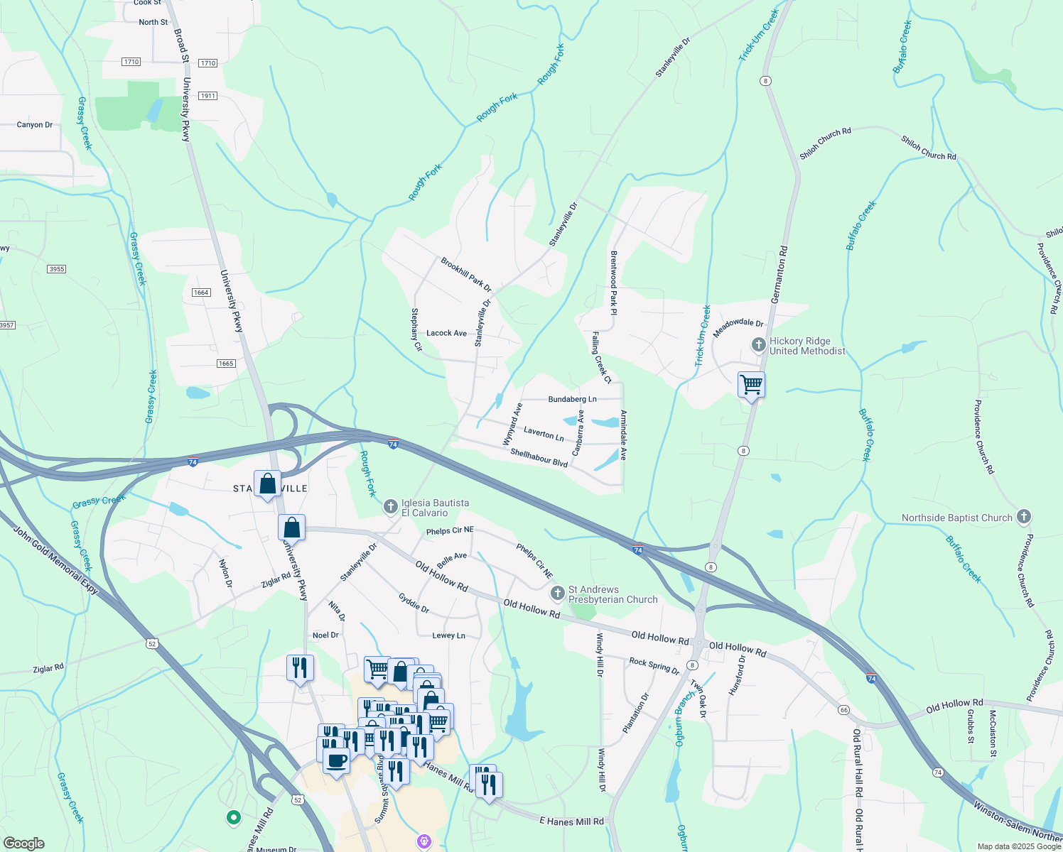 map of restaurants, bars, coffee shops, grocery stores, and more near 725 Laverton Lane in Rural Hall