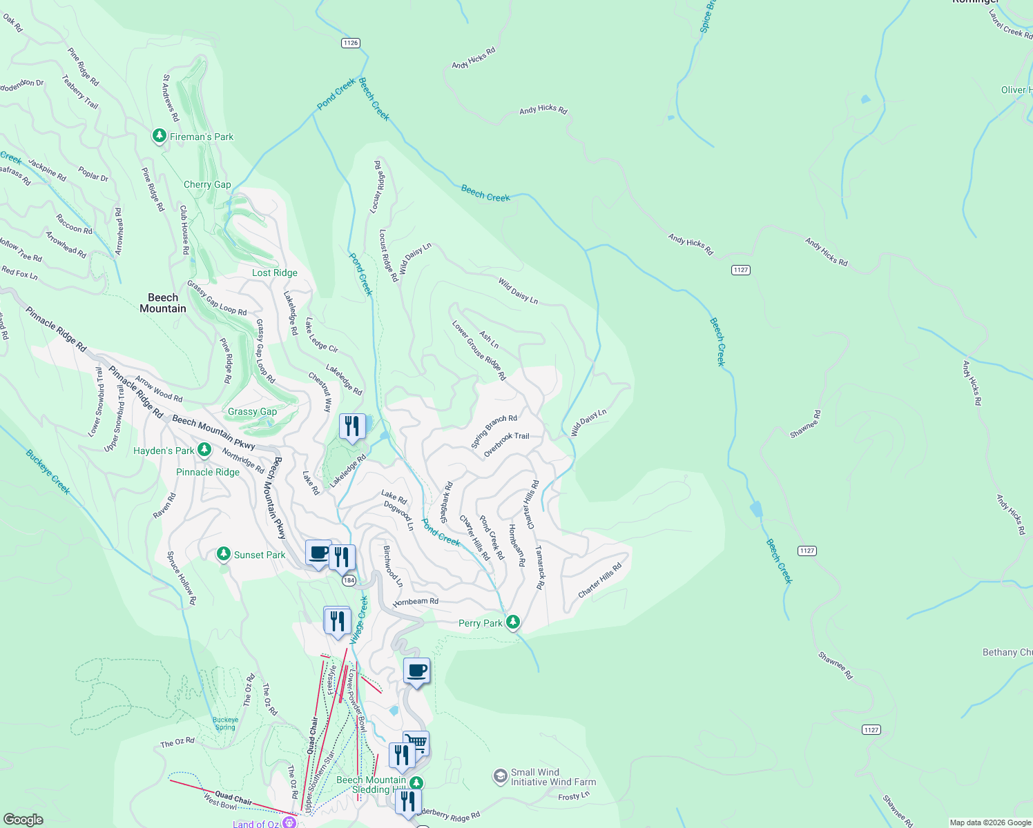 map of restaurants, bars, coffee shops, grocery stores, and more near 204 Spring Branch Road in Beech Mountain