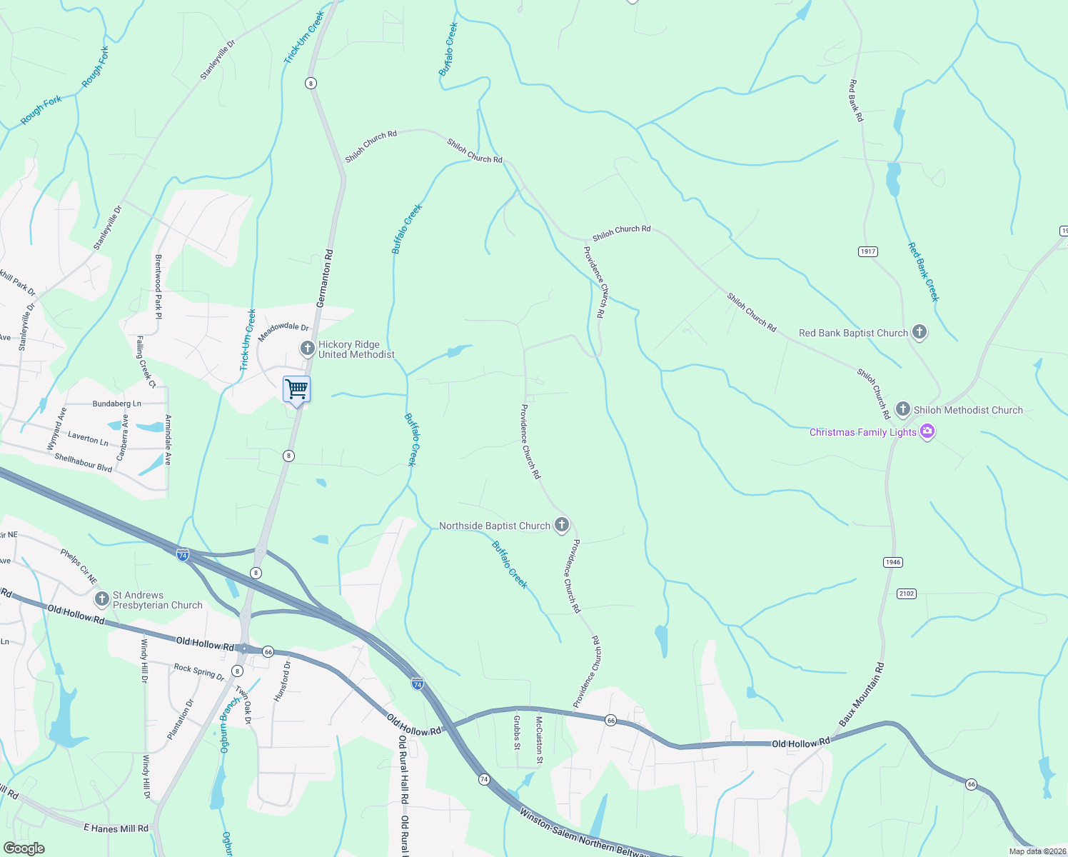 map of restaurants, bars, coffee shops, grocery stores, and more near 6107 Providence Church Road in Winston-Salem