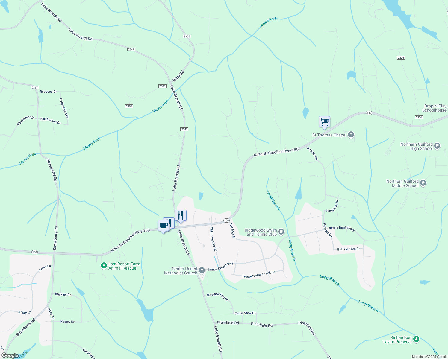 map of restaurants, bars, coffee shops, grocery stores, and more near 7625 Cedar Chase Drive in Greensboro