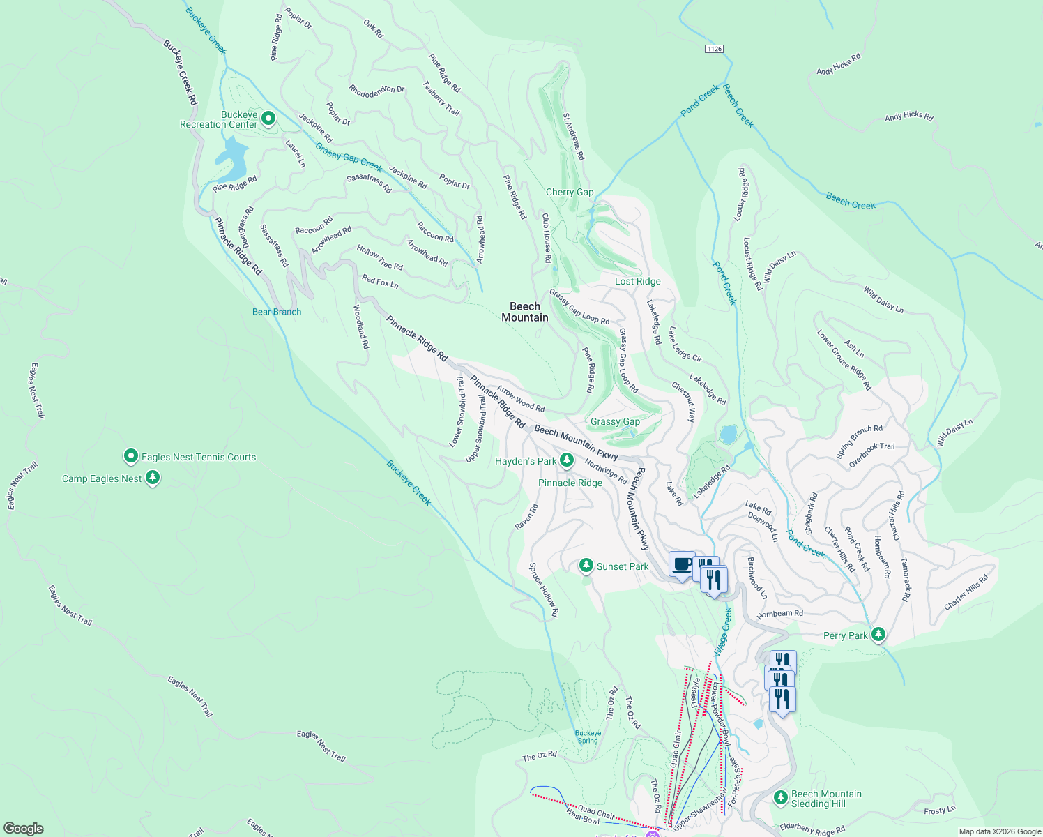 map of restaurants, bars, coffee shops, grocery stores, and more near 104 Pinnacle Ridge Road in Beech Mountain