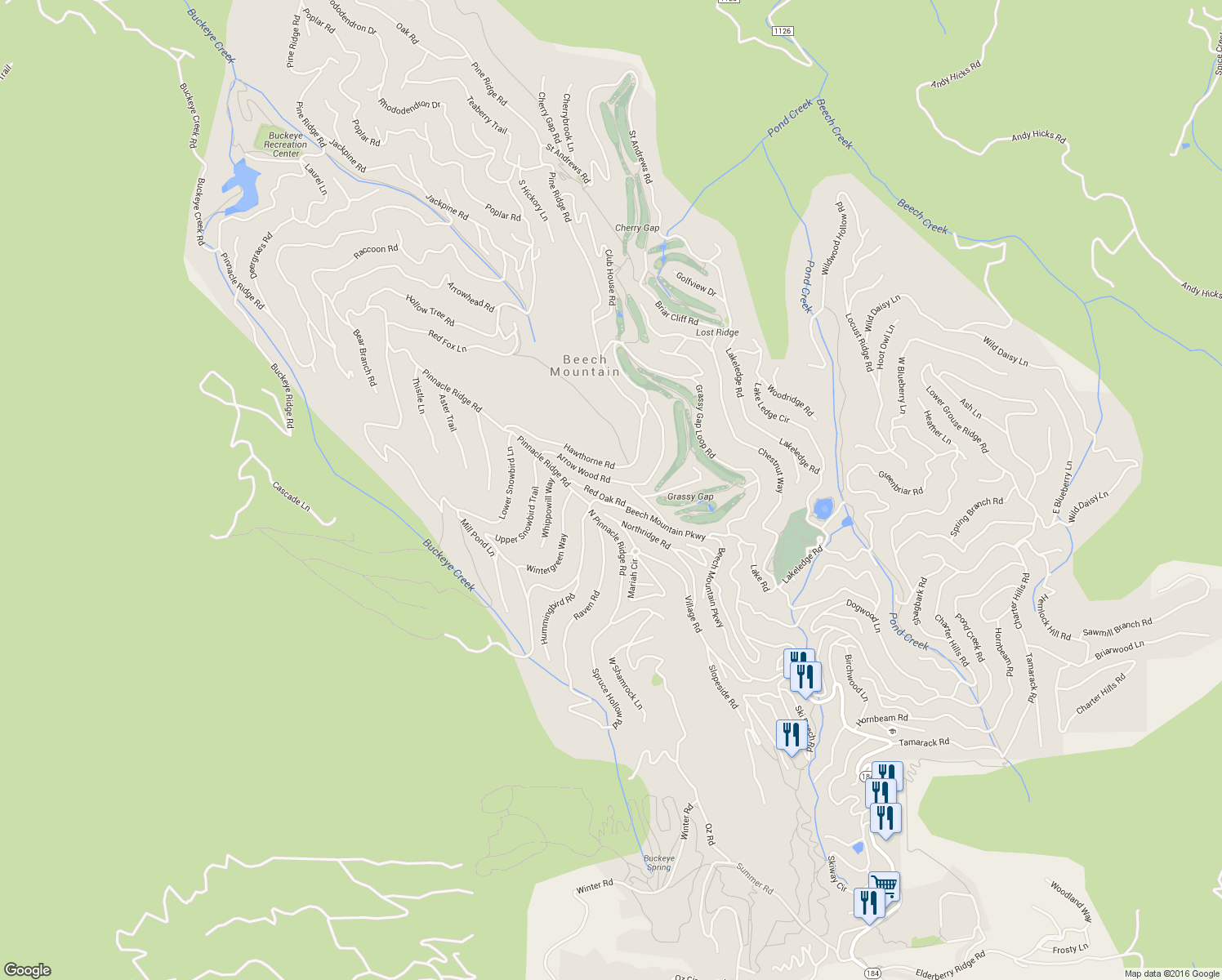map of restaurants, bars, coffee shops, grocery stores, and more near 110 Red Oak Road in Beech Mountain