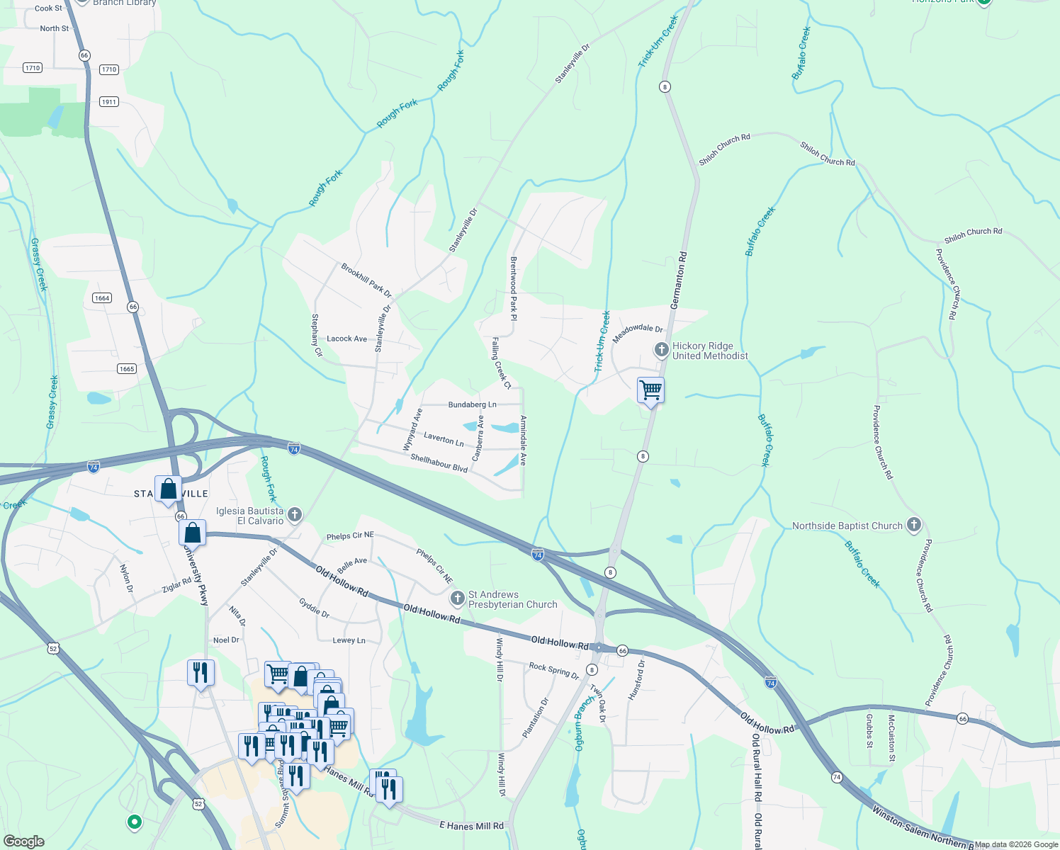 map of restaurants, bars, coffee shops, grocery stores, and more near 6435 Armindale Ave in Rural Hall