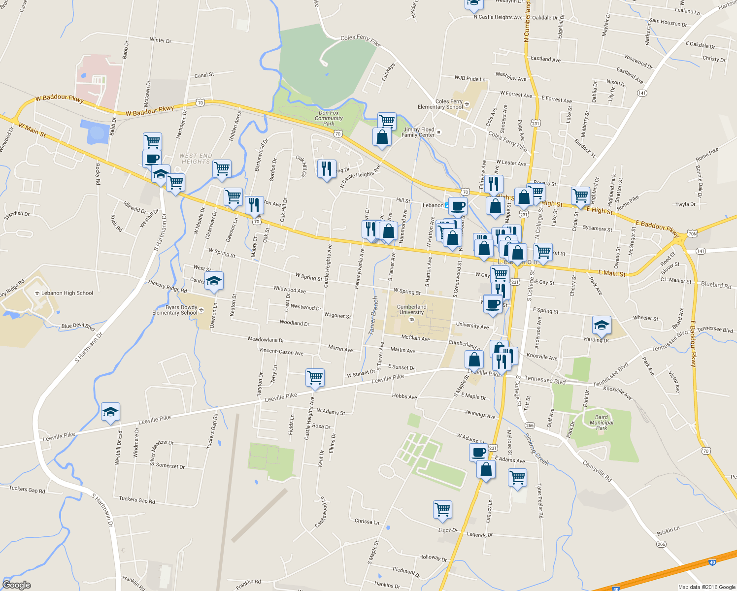 map of restaurants, bars, coffee shops, grocery stores, and more near 516 West Spring Street in Lebanon