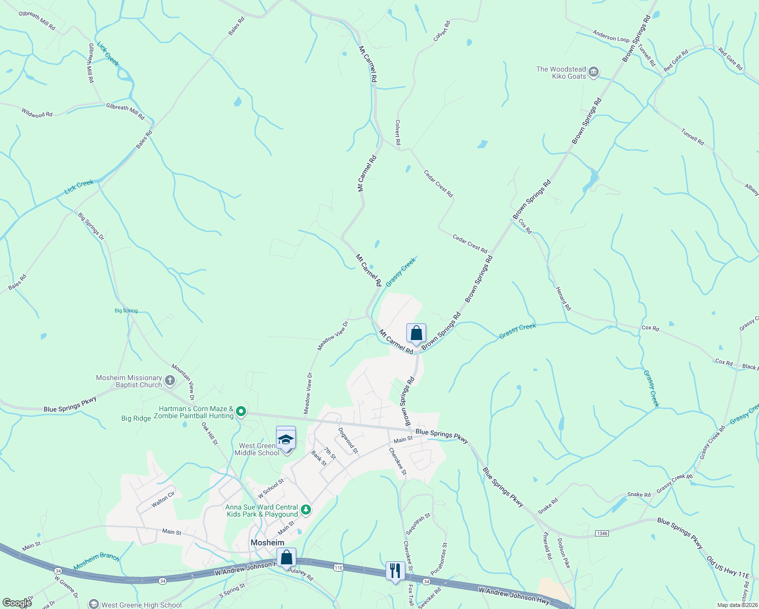 map of restaurants, bars, coffee shops, grocery stores, and more near 260 Mount Carmel Road in Mosheim