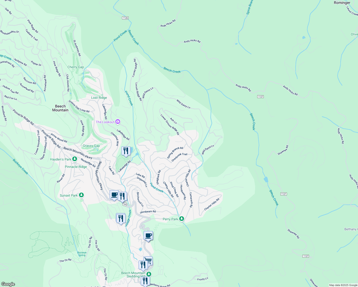 map of restaurants, bars, coffee shops, grocery stores, and more near 107 Blackberry Trail in Beech Mountain