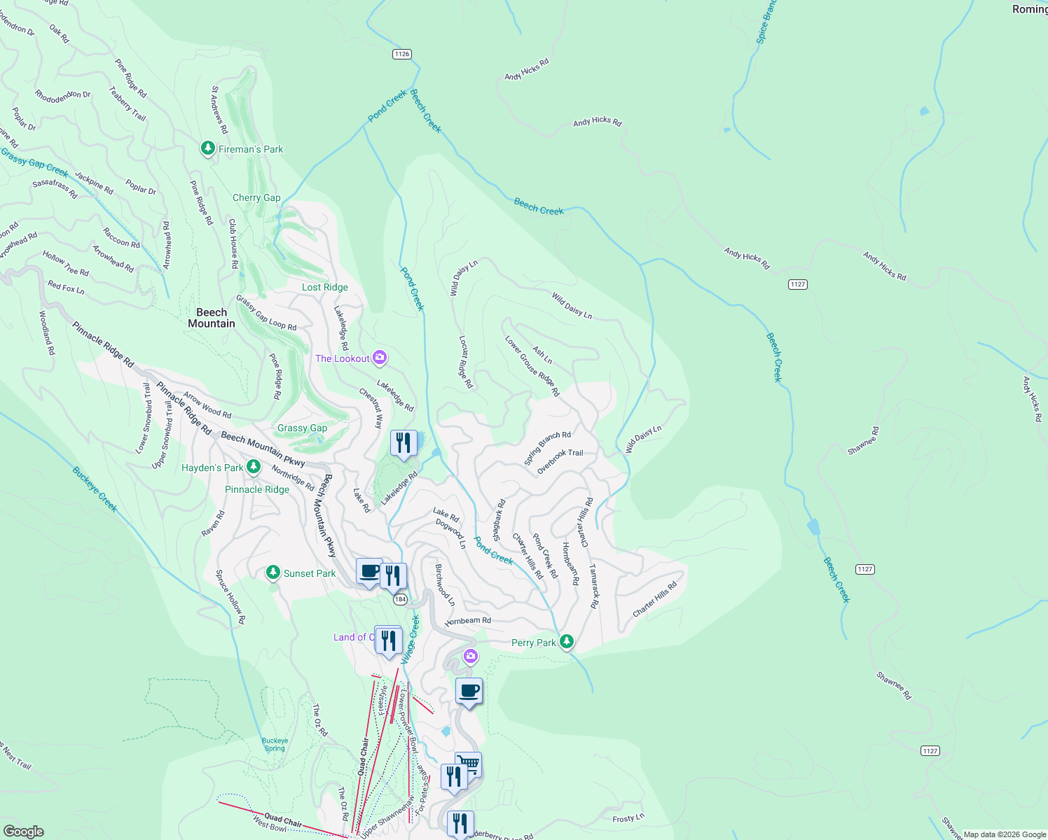 map of restaurants, bars, coffee shops, grocery stores, and more near 131 Greenbriar Road in Beech Mountain