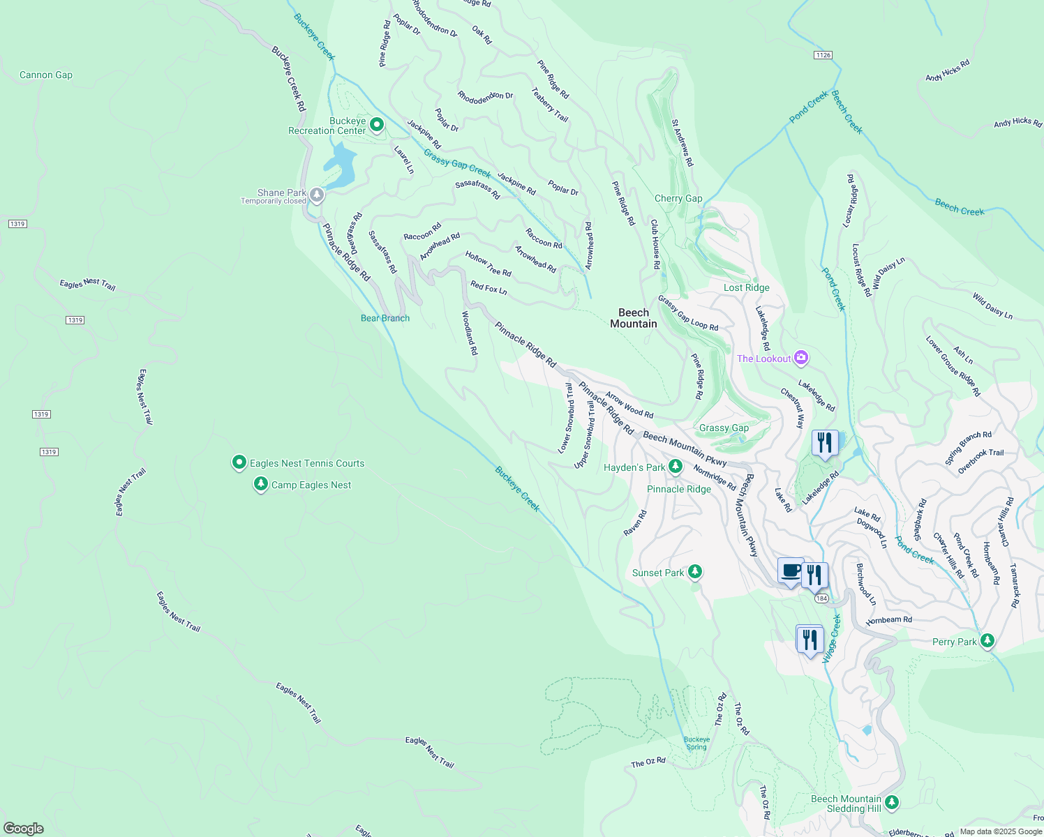 map of restaurants, bars, coffee shops, grocery stores, and more near 1330 Pine Ridge Road in Beech Mountain