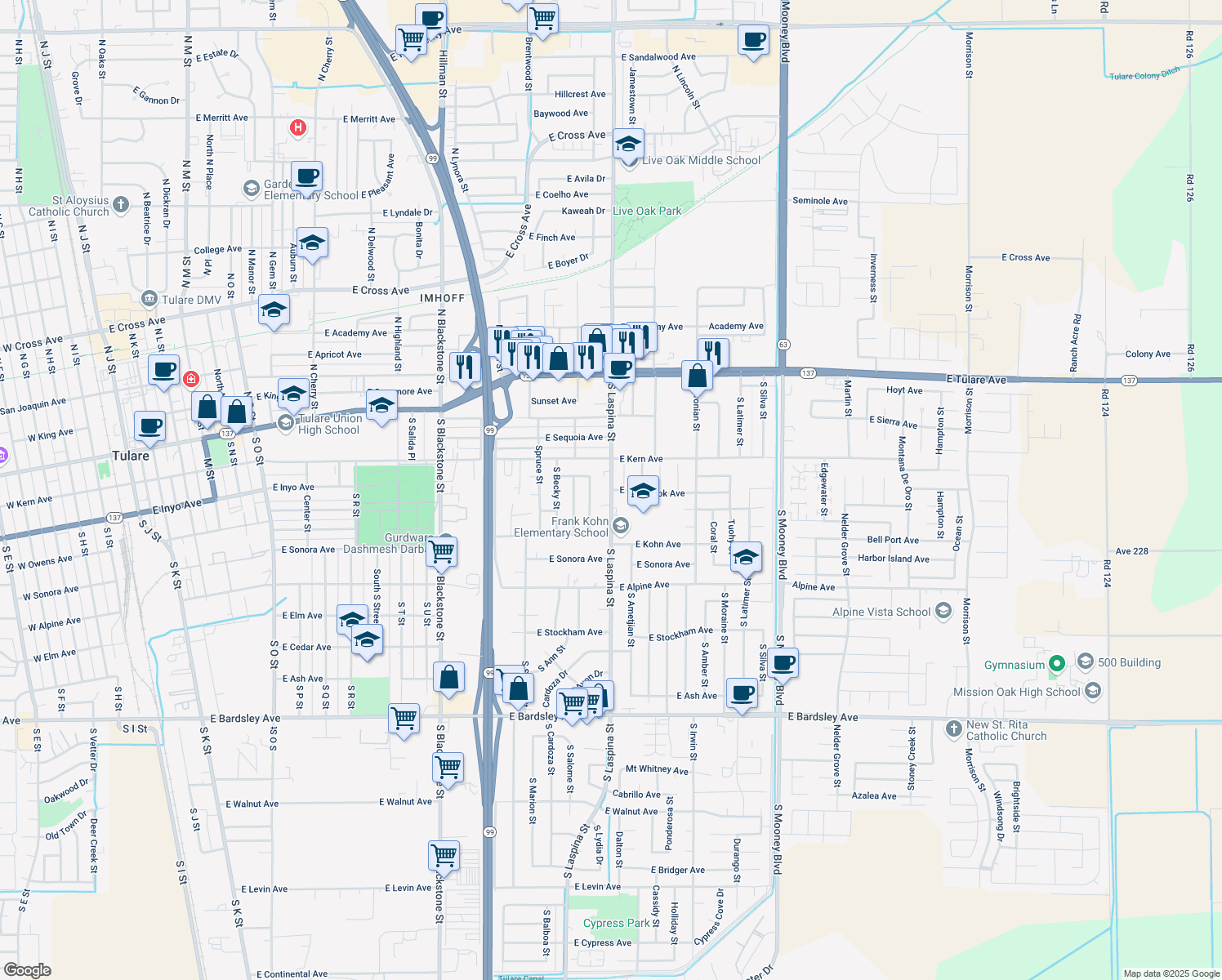 map of restaurants, bars, coffee shops, grocery stores, and more near 450 S Laspina St in Tulare