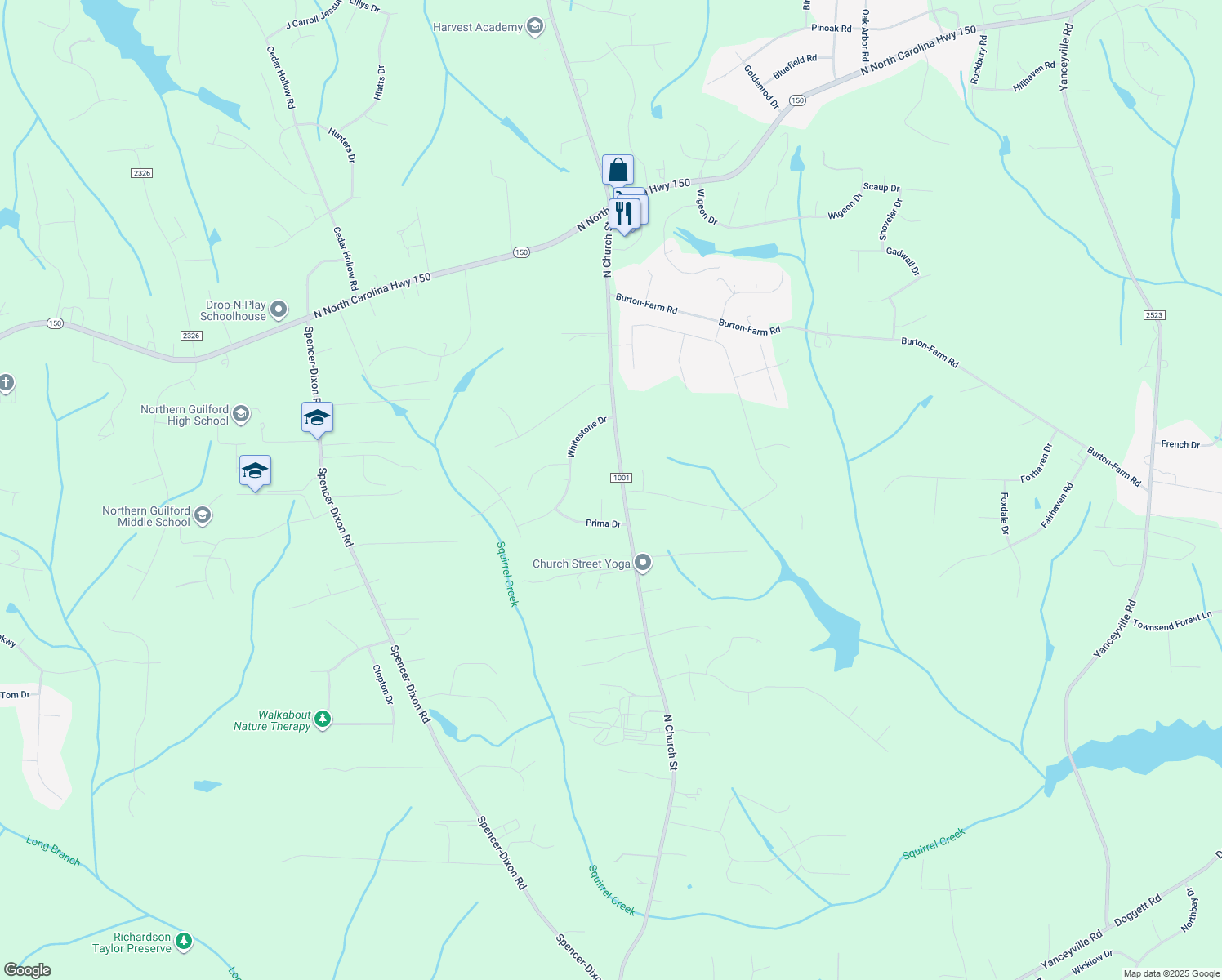 map of restaurants, bars, coffee shops, grocery stores, and more near 5704 Prima Court in Greensboro