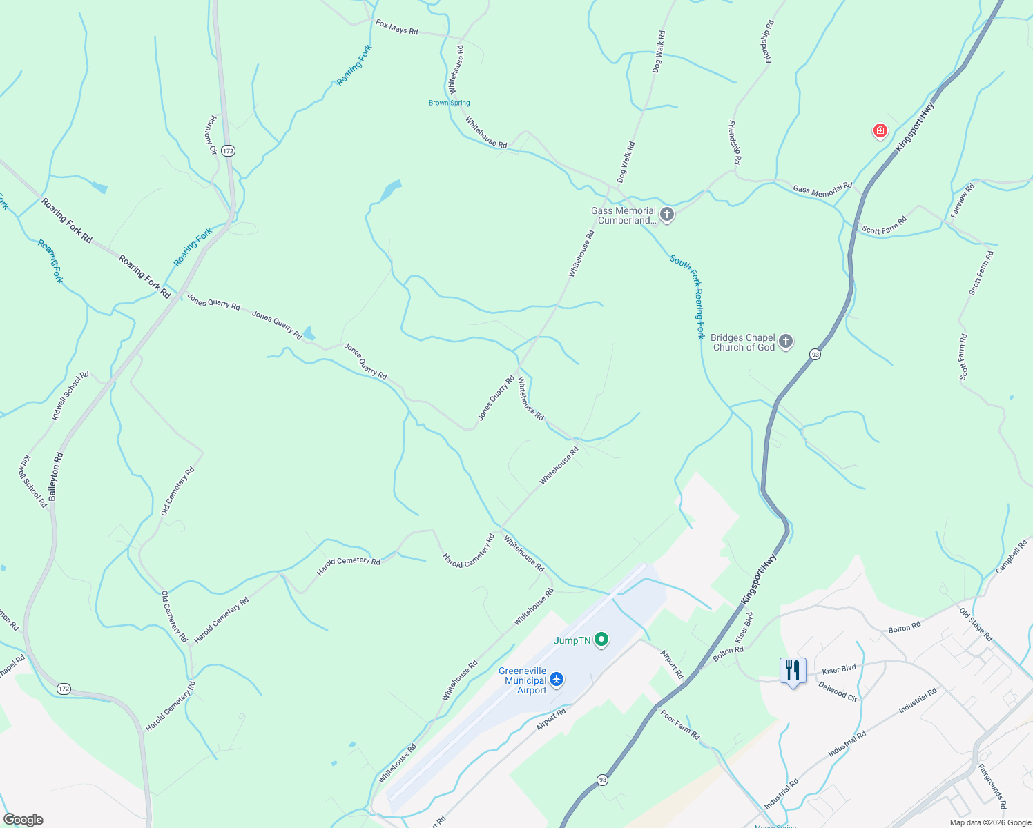map of restaurants, bars, coffee shops, grocery stores, and more near 2815 Whitehouse Road in Greeneville