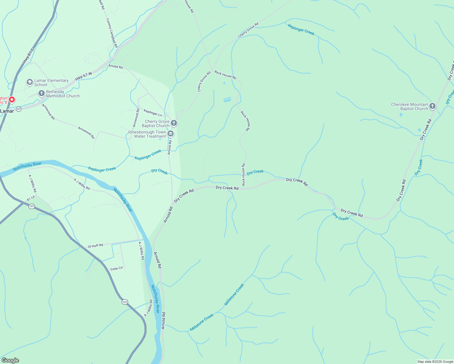 map of restaurants, bars, coffee shops, grocery stores, and more near 208 Dry Creek Rd in Jonesborough