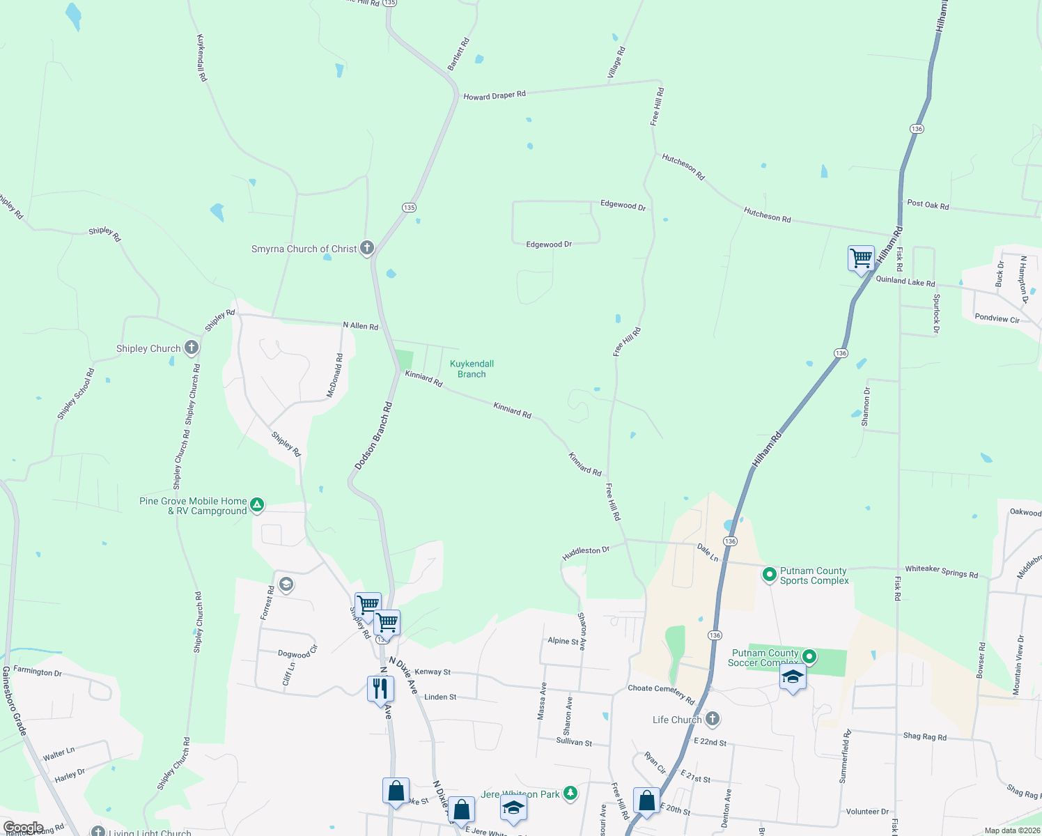 map of restaurants, bars, coffee shops, grocery stores, and more near 474 Kinniard Road in Cookeville