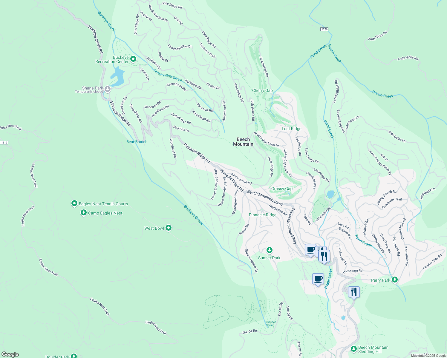 map of restaurants, bars, coffee shops, grocery stores, and more near 102 Upper Snowbird Trail in Beech Mountain