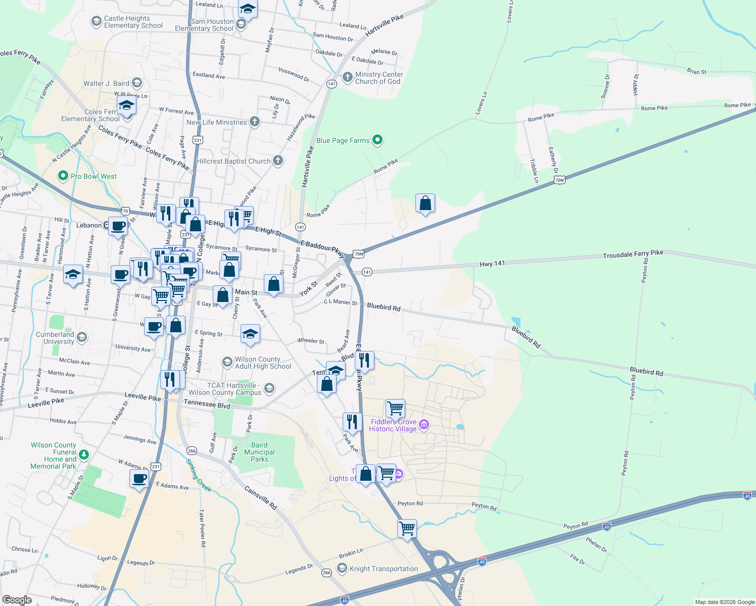 map of restaurants, bars, coffee shops, grocery stores, and more near 841 Bluebird Road in Lebanon