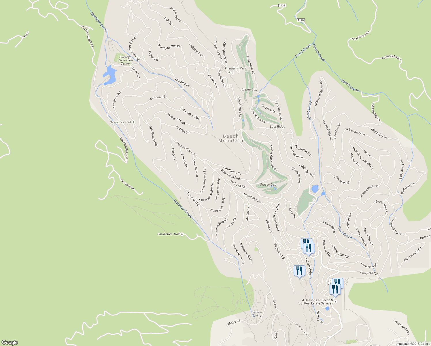 map of restaurants, bars, coffee shops, grocery stores, and more near 117 Pinnacle Ridge Road in Beech Mountain